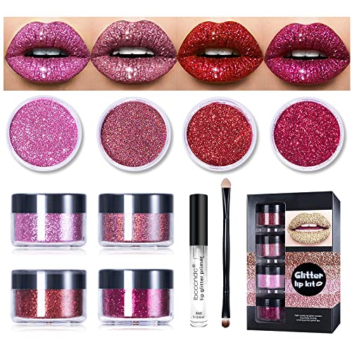 FREEORR 4 Colors Glitter Lip Kit, Diamond and Glitter Metallic Lipstick, Waterproof Long Lasting & Smudge Proof Glitter Color Lip Makeup, with Transparent Lip Primer-Red Color