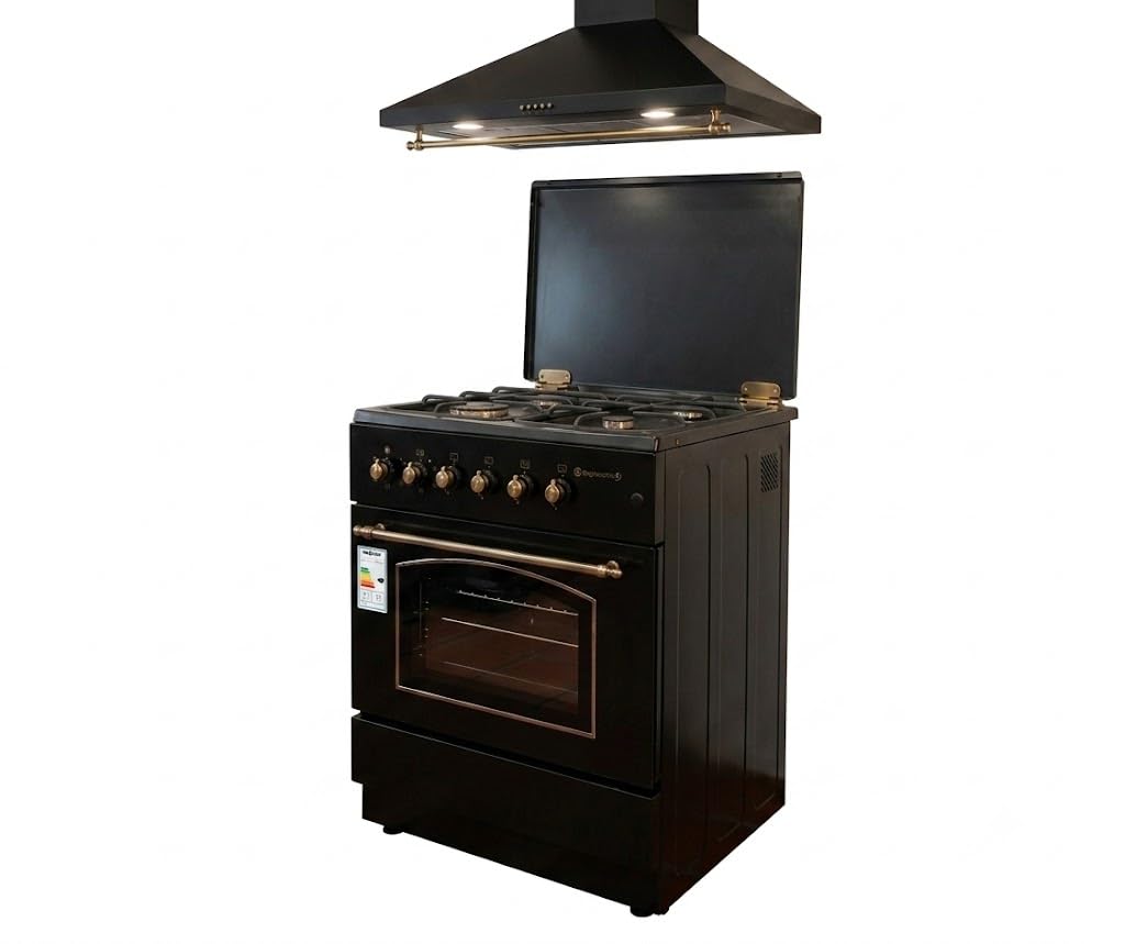 CONJUNTO PACK COCINA A GAS SOLTHERMIC HORNO ELÉCTRICO F6S40E5RB + CAMPANA 60 CM A JUEGO NEGRA RÚSTICA RIBETES DORADOS 350m3/h