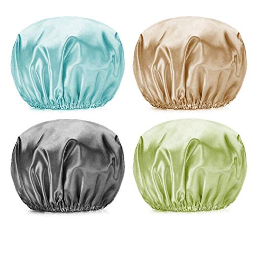 PUSSAER 4Pack Shower Cap for Women Long Hair, Reusable EVA Extra Large Shower Hair Hat, Double Waterproof Protection, Kids, Men(Baby Blue, Brown, Dark Grey, Green 13 inches)