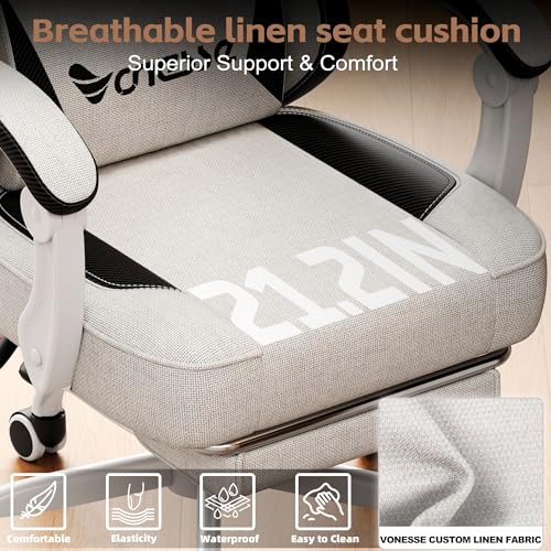 Image of Vonesse Gaming Chair, Office Chair with Linen Breathable Mesh Fabric, Desk Chair with Adjustable Lumbar Support, Executive Computer Chairs with Footrest and Headrest (Beige White)