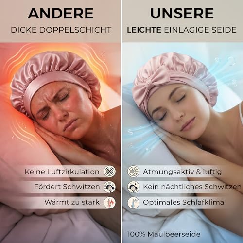 Seidenhaube zum Schlafen aus 100% Maulbeerseide – einlagige atmungsaktive Schlafhaube, anpassbare Schlafmütze mit weichen Stretch-Stoffbändern, Silk Bonnet, Haarhaube für die Nacht (rosa)