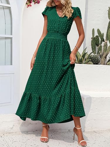 Image of PRETTYGARDEN Womens Dresses 2026 Summer Maxi Dress Boho Short Sleeve V Neck Swiss Dot Ruffle Tiered Smocked Flowy Long Dress
