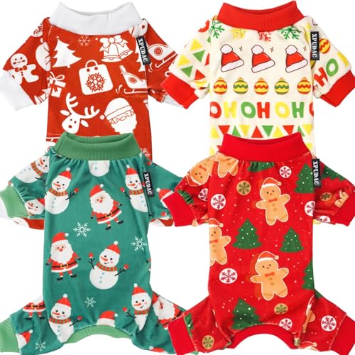 XPUDAC 4 piezas de pijamas de Navidad para perro, ropa de Papá Noel, ropa para mascotas, lindo muñeco de nieve, disfraces para perros, niñas y niños, rojo y verde, talla L