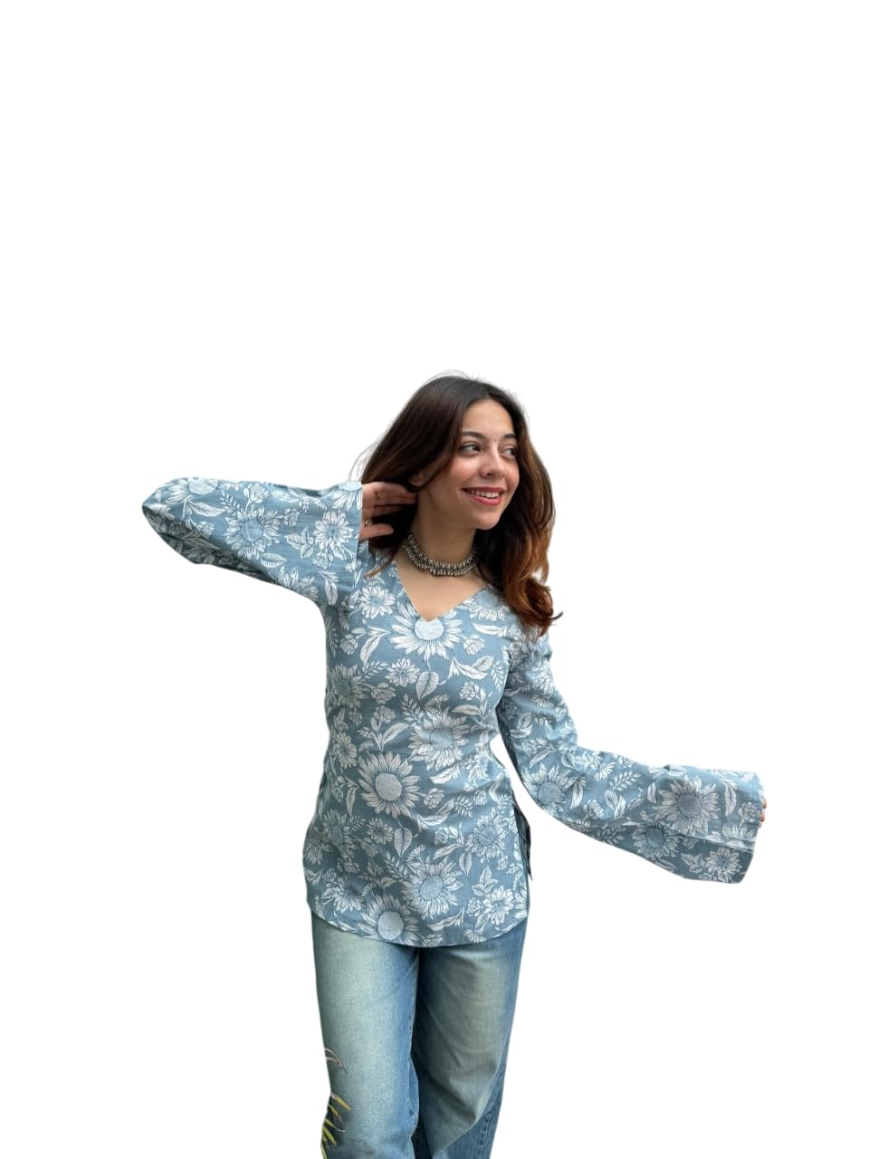 saicha Women's Floral Print V-Neck Top, Long Sleeve Casual Short Kurti-picture-18