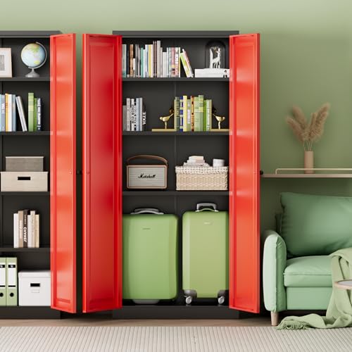 Image of INTERGREAT Metal Storage Cabinet with Magnetic Doors, 63 inch H Traditional European Style Metal Cabinets with 2 Doors and 4 Adjustable Shelves for Home Office, Kitchen, Bathroom (Black Red)