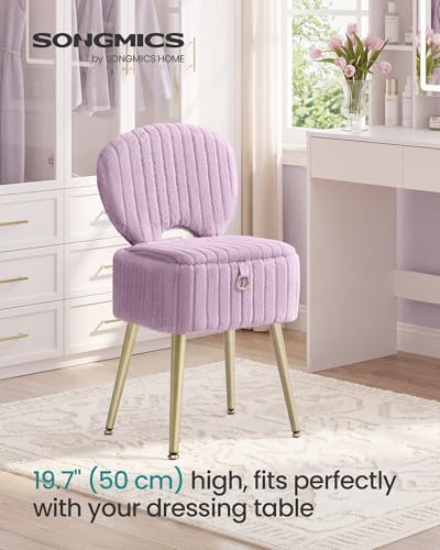 Image of SONGMICS Small Vanity Chair with Storage and Folding Back, Vanity Stool, Footrest Footstool Ottoman, Dressing Table Stool, Furry Padded Seat, for Makeup Room, Bedroom, Light Lilac ULOM532PE01