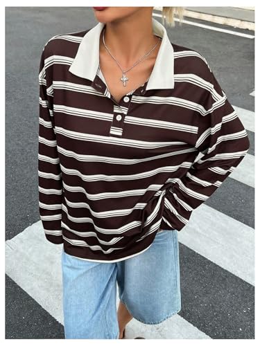 Women's Oversized Striped Tshirts Long Sleeve Collared Button Up Golf Shirt Casual Preppy Tops4