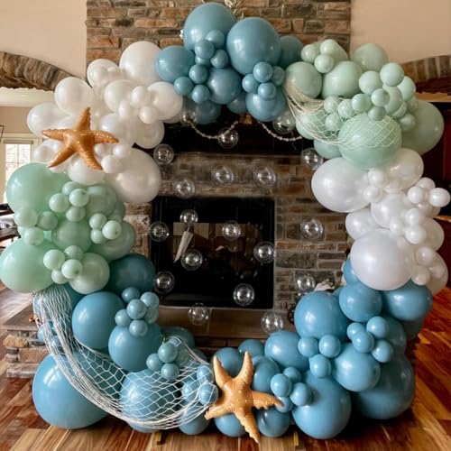 Under the Sea Balloon Arch - 139PCS Beach Themed Balloons Decoration White Macaron Green Deep Blue Balloon for Sea Pool Summer Shark Fish Birthday Baby Shower Boy Girl Party Decoration (Blue)