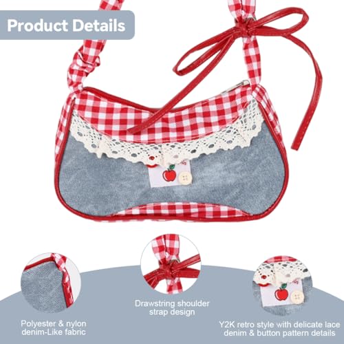 Image of PALAY Shoulder Bag for Woman Mini Red Lattice Lace Trim Bow Y2K Handbag
