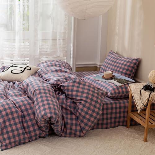 Image of EAVD Modern Purple Pink Plaid Duvet Cover Queen Soft 100% Washed Cotton Reversible Grid Bedding Duvet Cover with 2 Pillowcases Geometric Simple Plaid Comforter Cover with Zipper Closure