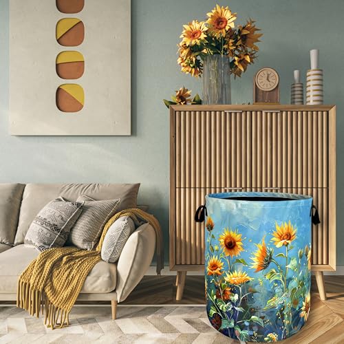 Image of Watercolor Sunflower Laundry Basket Oxford Cloth Hamper 18.9x16.5 Inch