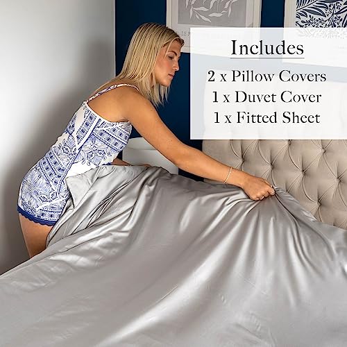 Laurel & Mason 100% Bamboo Luxury 4 Piece Duvet Set - Deluxe Bedding with 2 Pillowcases, Fitted Sheet and Duvet Cover (Grey, UK Double) - Image 3