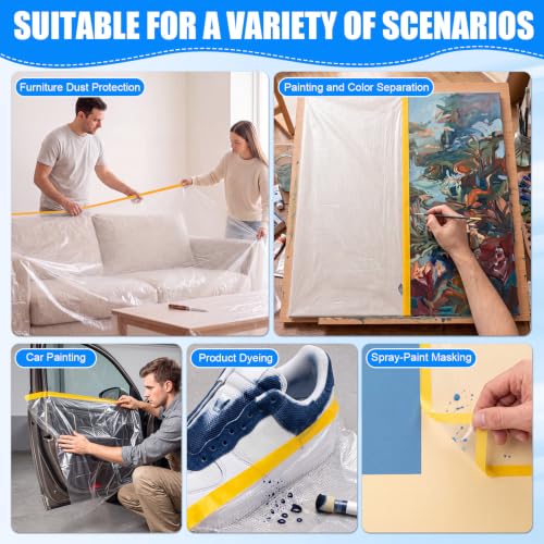 Image of Seajan 9 Roll Painters Plastic with Tape Pre Taped Masking Film for Painting Automotive Paint Adhesive Protective Film Masking Tape Roll Plastic Painting Covering (White,22in X 90 ft)