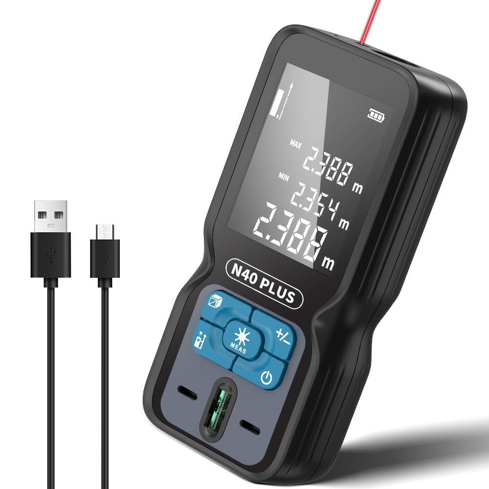 Télémètre REVASRI Professionnel, Télémètre Laser 70M avec Niveau à Bulle M/in/Ft Télémètre Laser Rechargeable USB pour Distance/Zone/Volume/Pythagore/Continu