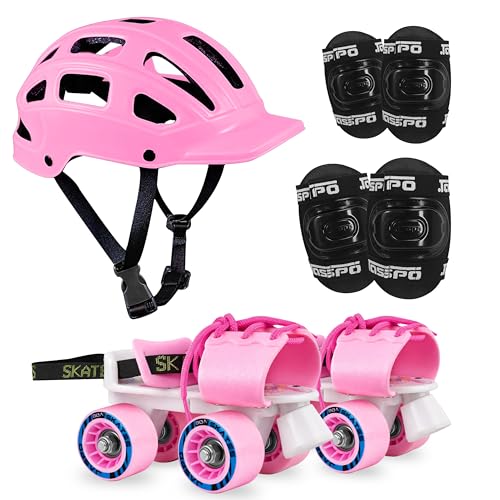 Image of Jaspo Kids Delite Intact Junior Roller Skates Combo (Skates+Helmet+Knee+Elbow) Suitable for Age Upto 5 Years, Adjustable Skates-18 to 21 cms-Color-(Pink)