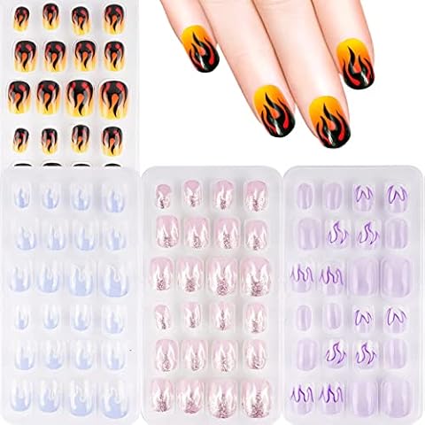 FLOFIA 96 Stk Falsche Nägel Klein Selbstklebend Kunstliche Nägel Kurz Kunstnägel Flammen zum Aufkleben Maniküre DIY Nagelkunst Cover