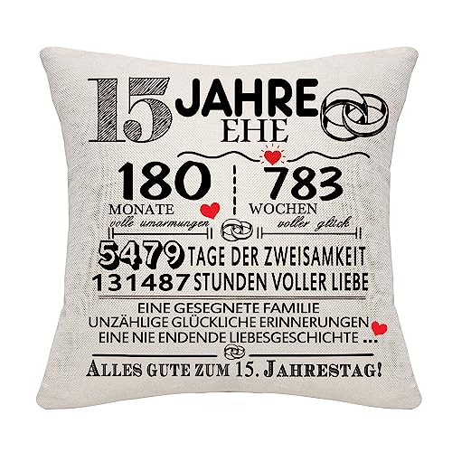 Bommex 15 Jahre Ehe Geschenk 15. Hochzeitstag Kissen Abdeckung Keepsake Dekoration Geschenk für Paare Eltern Frauen Männer Mama Papa Ehemann Frau...
