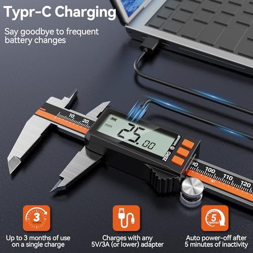 Preciva Digital Caliper - Rechargeable Stainless Steel Micrometer with IP54 Protection | Auto-Off, Large LCD Screen & Inch/Metric Conversion | Precision Measuring Tool 6Inch/150mm