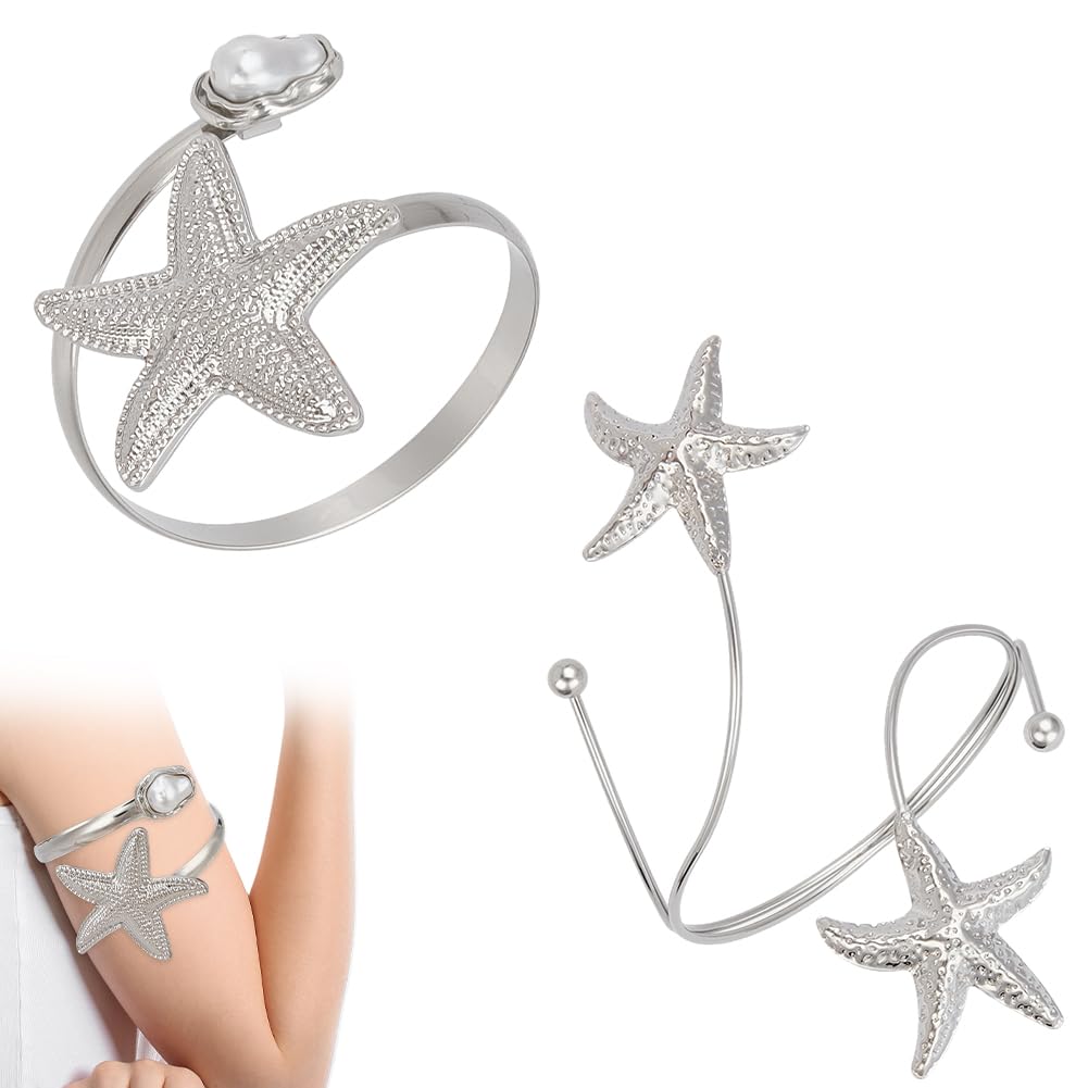 CABODYALS 2 pieza, 2 estilos, Pulsera de Puño de Estrella de Mar Plateada con Perla, Estilo Bohemio, Verano, Playa, Mar, Coral, Brazalete para Brazo Superior, Pulsera de Alambre Abierto Ajustable de A