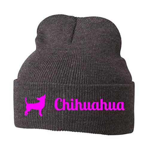 siviwonder Beanie strickmütze mit Hunderasse Stickerei - Chihuahua Chiwawa Chi mexikanische Hunderasse klein LANGHAAR - Stickerei Hund Winter Mütze warm für gassi Spaziergang Grey Melange-neonpink