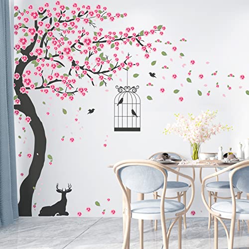 Buiory 6 Sheets Of 12 X 18Inch Removable Giant Tree And Pink Flowers Wall Sticker Murals 3D Diy Peel And Stick Nursery Room Wall Art Decor White Leaves Wall Decal For Living Room Offices Classroom Kids Baby Boy Girls Bedroom Playroom Tv Background Decoration (Pink Flower) #TOP2