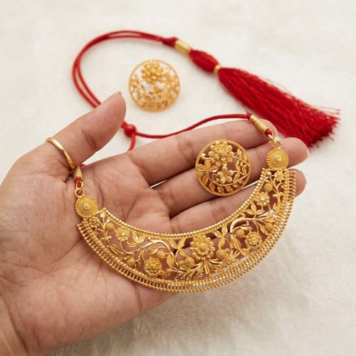 Image of Gold Plated Floral Choker Necklace Set for Women with Earrings