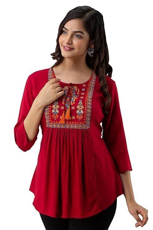 Image of Avayayat Short Kurti for Women | Embroidered Straight Rayon Kurta | Round Neck Full Sleeves Short Kurti for Women's