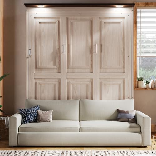 Modern Queen Size Murphy Bed Wall Bed with Spacious 2 Seat Sofa and Light, Traditional Solid Wood Murphy Cabinet Bedframe, Can be Folded, Space-Saving Design
