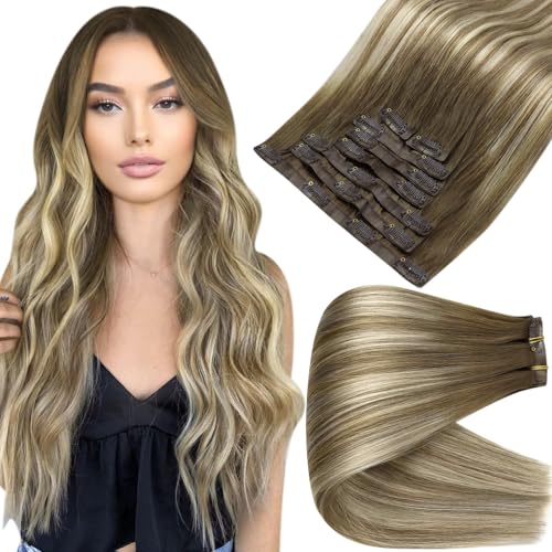Image of Full Shine Balayage Clip in Hair Extensions, Chestnut Brown Platinum Blonde | Remy Human Hair, 20 Inch 120g 8 Pcs, Seamless PU Weft, Balanced Length and Volume, Heat Styling, Daily Wear, Offic Chic