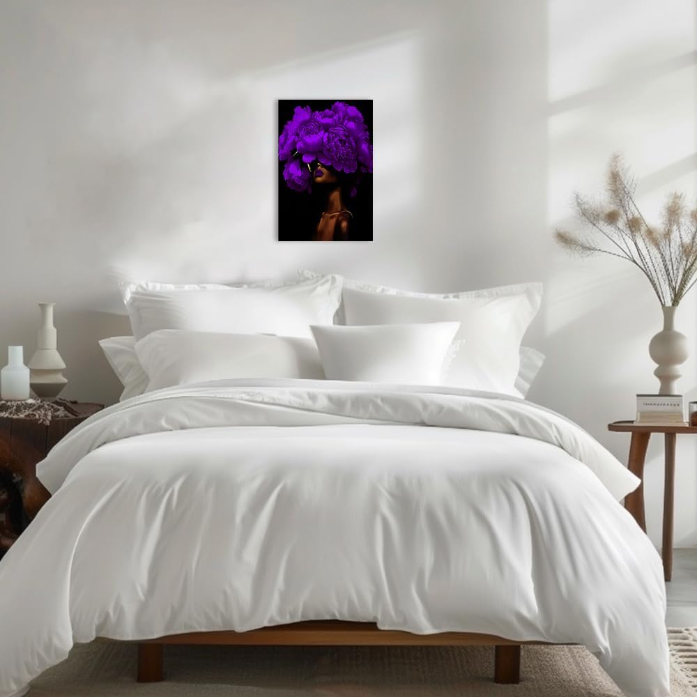 ZQQART African American Wall Art Black Woman Flower Canvas Prints Black Girls Floral Head Painting Girl Portrait Picture Wall Decor Framed(Purple,12L x 18W)