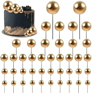 Blumomon 42Pcs Round Ball Cake Toppers Gold Mini Foam Ballon Cupcake Topper DIY Cake Insert Topper Bakeware Decorating Topper Sticks for Birthday Party Wedding Supplies Baby Shower Decor