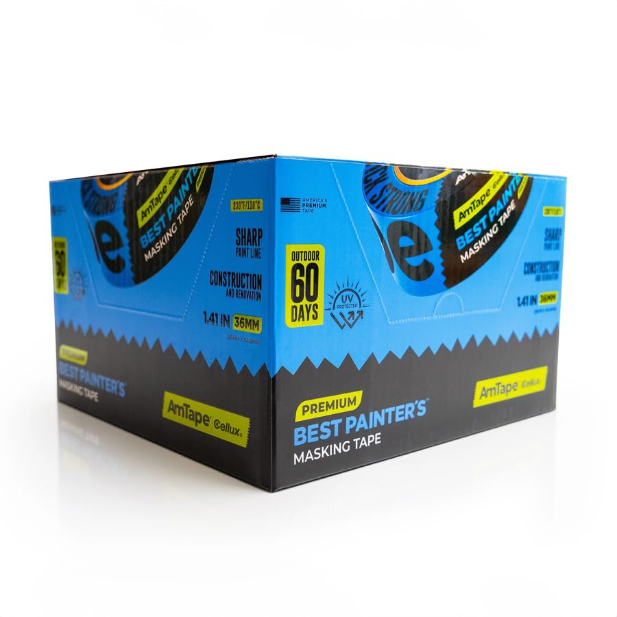 AmTape Premium Best Painter’s Masking Tape, Solvent & Moisture Resistant, 60-Day Clean Removal, Super Washi Painter’s Tape for Walls, Ceilings & Trim, Blue (2" - 3pk)