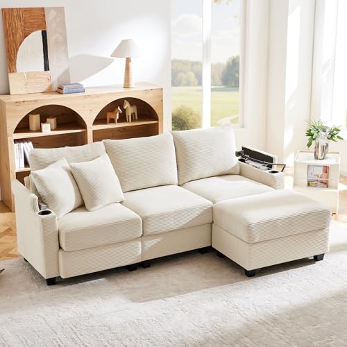 HAINEW Sofá esquinero moderno de 3 plazas en forma de L para salón, apartamento, 213,5 × 139 × 87 cm, material de pana, con reposapiés extraíble y soporte para bebidas, reposabrazos (beige)