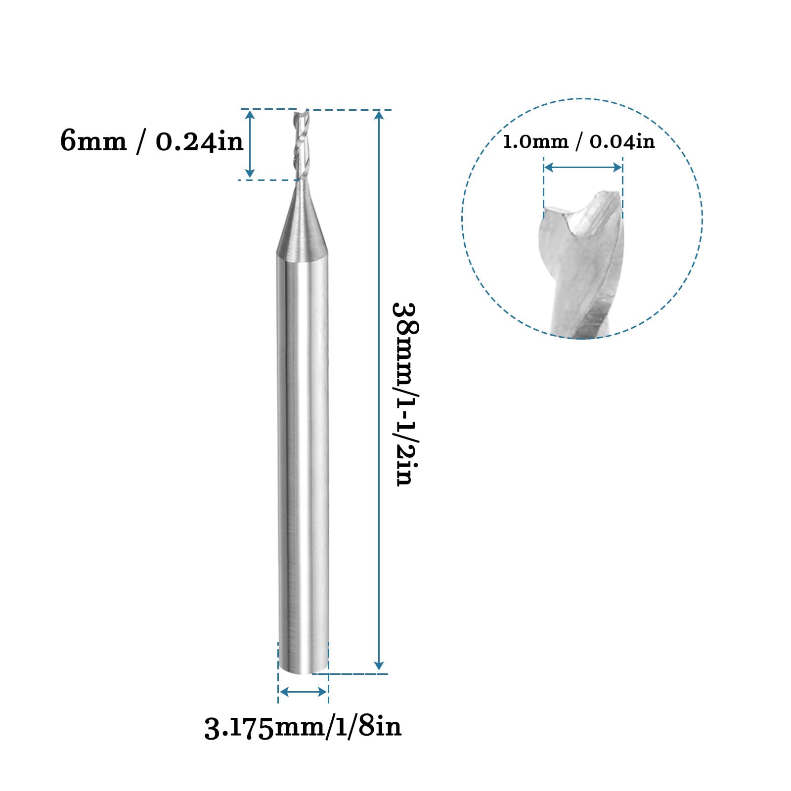 QUARKZMAN 3.175mm 1/8" Tige 1.0mm x 6mm Spirale Routeur Bits x 5PCS Solide Carbure CNC Fin Fraise pour Découpe Acrylique Plastique Résine Bois [2 Cannelures]