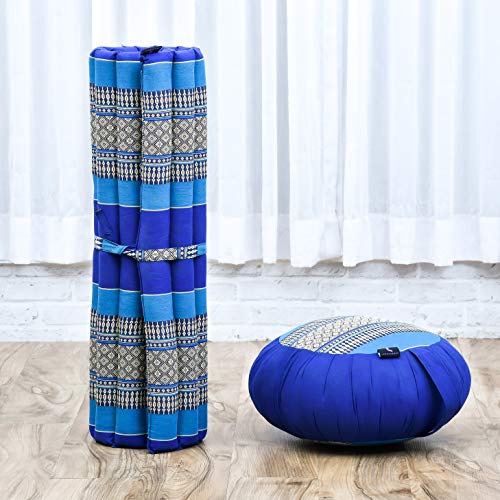Image of Leewadee Meditation Cushion Set - 1 Round Zafu Meditation Pillow and 1 Square Roll-Up Zabuton Meditation Mat, Pillows Bundle Filled with Kapok