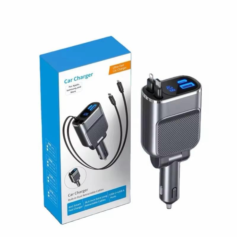 113W Retractable Cable Car Charger | 4-in-1 Super Fast Charging Car Chargers Type C & USB Fast Car Charging Adapter with Built-in Cable | Latest Car Accessories & car Charger Socket-image-26