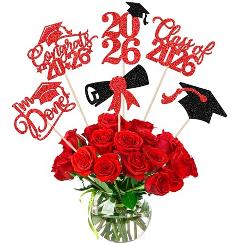 12 PCS 2026 Graduation Done Centerpiece Sticks Class of 2026 Graduation Cap Table Flower Centerpiece 2026 Congrats Grad Floral Decorations for Diploma 2026 Graduation Theme Party Supplies Red