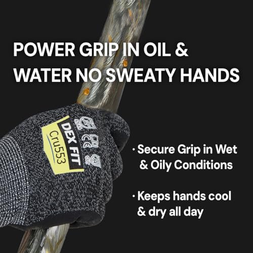 DEX FIT Level 5 Cut Resistant Gloves Cru553, 3D-Comfort Fit, Firm Grip, Thin & Lightweight, Touch-Screen Compatible, Durable, Breathable & Cool, Machine Washable; Grey L (9) 1 Pair