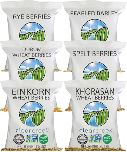 CLEAR CREEK Certified Glyphosate Residue Free Einkorn, Khorasan, Durum, Rye, Spelt, and Barley Berries |150 lb (6-25 lb bags) | Non-GMO Project Verified