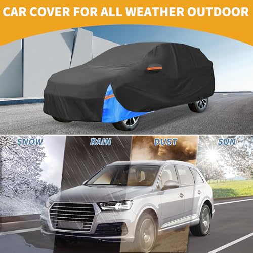 Image of Waterproof All-Weather Universal Car Cover with Right Side Zipper, 210D-PU Black Blue Fits for SUV 181 inch to 190 inch Length