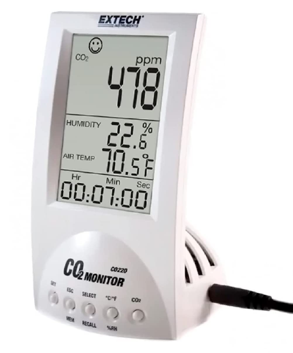 Extech CO220 - Desktop Indoor Air Quality CO2 Monitor – Measures CO2, Temperature, Humidity, Dew Point & Wet Bulb – NDIR Sensor, 99‑Point Memory, Audible Alarm