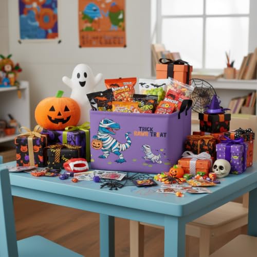 Image of Halloween Basket Gift Cute Pumpkin Ghost Parties Decor Kid Trick or Treat Basket for Boys and Girls Rectangular Storage Bin Box (Blue Dinosaur)