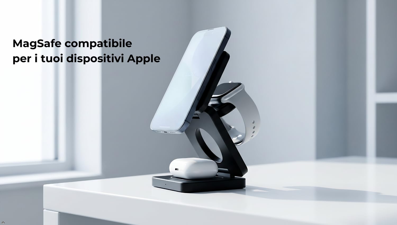 Caricatore Wireless 3 in 1 Pieghevole e Compatto Certificato Qi2 - Stazione Ricarica Compatibile MagSafe per iPhone, Apple Watch ed AirPods - Versione PRO in Alluminio - Nero
