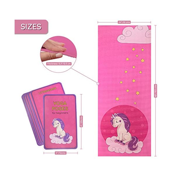 ABTECH-Kids-Yoga-Mat-Set-Fun-Unicorn-Yoga-Mat-for-Girls-Comfortable-Chemical-Free-Non-Toxic-Non-Slip-60-X-24-X-02-Inches-w-12-Yoga-Cards-for-Kids-Cute-Carrier-Bag-Pink-Ages-3-12 Kids Yoga Mat Set - Fun Unicorn Yoga Mat for Girls - Comfortable - Chemical Free - Non-Toxic - Non-Slip - 60 X 24 X 0.2 Inches - w/ 12 Yoga Cards for Kids - Carrier Bag with Strap - Pink - Ages 4-12