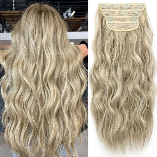 Image of Wavy Clip in Hair Extensions 20 inch Ashy Beige Blonde Balayage | 4 Pieces Clip in Extensions,Fiber Double Weft Hairpieces,Natural Volume,Beach Wave Long Synthetic Hairpieces for Women