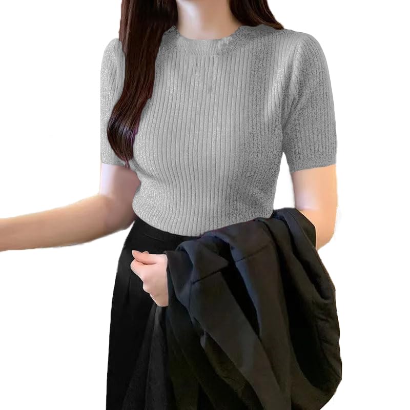 Image of THE BLAZZE 5067 Women's Basic Solid High Neck 3 /4 Sleeves Stretchable Ribbed Blouse for Women Stylish Western L860