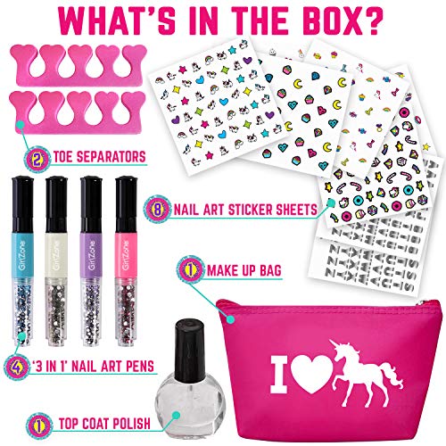 GirlZone: Unicorn Nail Art Kit, Nail Art Stickers, 3 Nail Salon Pens and Makeup Bag, Great Gifts for Girls - Thumbnail 2
