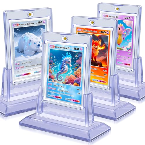 4Pcs Magnetic Card Holders for Trading Card, Baseball Card Protectors with 4 Stands, 35pt Acrylic Hard Card Sleeves Case for Sports Cards, Game Cards, Standard Cards Storage and Display