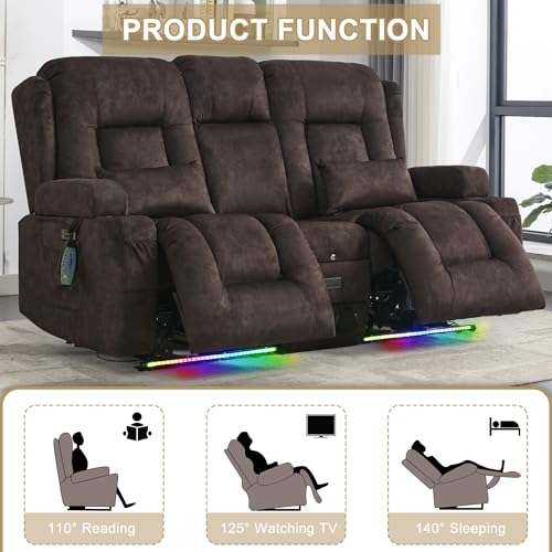 Image of URRED Power Loveseat Recliner Sofa with Massage and Heat,Brown | Wall Hugger Reclining Loveseat with Console, RV Couch Home Theater Seating with LED Lights for Living Room, Velvet Fabric