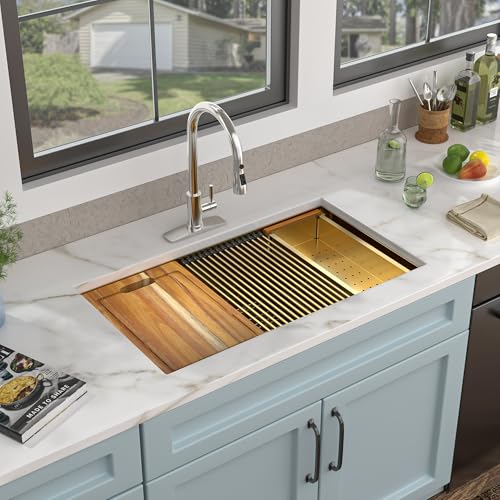 Image of 36 inchx19 inch Undermount Gold Kitchen Sink Workstation - Brushed Gold NANO-PVD, 16 Gauge T304 Stainless Steel, Under Counter Round Corners Single Bowl Sink Basin with Ledge